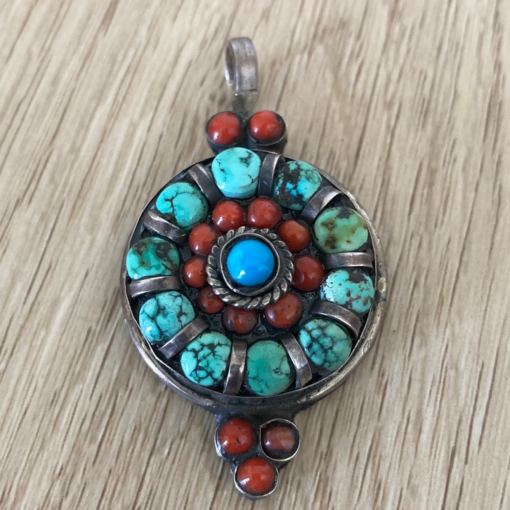 Coral/ turquoise Silver pendant